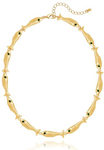 LILIE&WHITE Halsband Fisk Design Dam, Gyllene kedja med rad av fisk-hängen och gröna kristaller, Elegant vintage modeaccessoar för fest