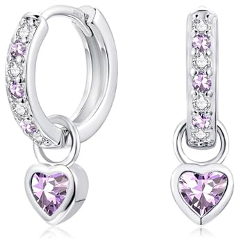 Lynizo Ohrringe Silber Hängend, Klein 925 Sterling Silber Mädchen Creolen | Süß Herz Kinder Creolen Ohrhänger mit Grün Rosa Aquamarin Lila Fuchsia Zirkon,12mm Damen Hypoallergen Schlafen Hängeohrringe