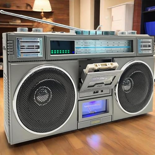 Boombox portatile retrò con Bluetooth, mini lettore di cassette, 4 altoparlanti, telecomando, slot USB/Micro SD per riunioni di famiglia