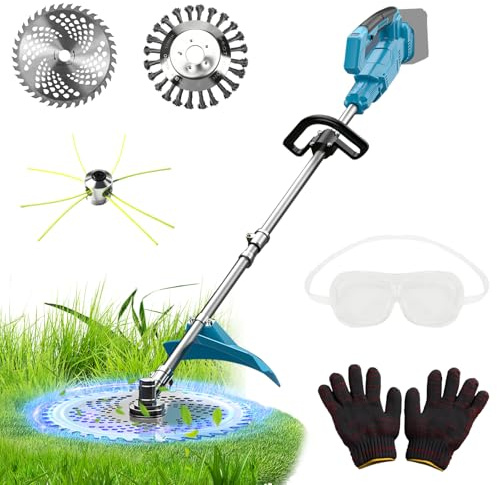 Desbrozadora de bordes con batería de 10 pulgadas, compatible con batería Makita de 18 V (sin batería), 1200 W, sin escobillas, plegable, con indicador de batería, cepillo de acero, cuchillo de tres