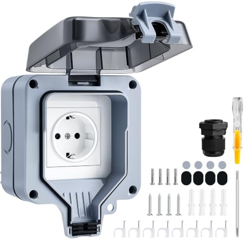 SURAIELEC Außensteckdose Wasserdicht IP66 1 Fach Schuko Steckdose Aufputz | Aussensteckdose 16A 4000W mit Zubehör, PC+ABS Gehäuse, Wetterfeste Gartensteckdose für Garten Garage Werkstatt, Grau
