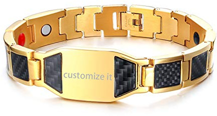 JewelryWe Smycken herr magnetarmband med gravyr, rostfritt stål kolfiber magnetarmband armring, svart/guld/silver, 21.5 centimeters, Kolfiber