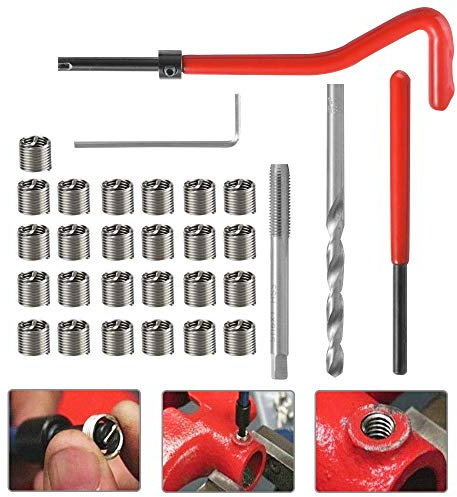 EMAGEREN 30Pcs Kit Reparation Filetage M6 INOX Foret Hélicoïdal Clé Hexagonale Insert Filetage Taraud Filiere Professionnel pour Entretien Quotidien Automobile Perceuse Moteur