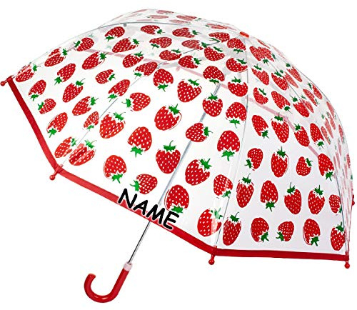 alles-meine.de GmbH Kinderschirm/Regenschirm - Erdbeere - inkl. Name - Ø 76 cm - durchsichtig & durchscheinend - transparent - Kinder - Stockschirm - groß mit Griff - Einklemms..