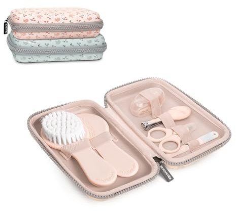 Suavinex, Set manicure per bambini, 0M, con spazzola, pettine, spazzolino da denti con ditale in silicone, forbici, lima e tagliaunghie, Beauty case impermeabile con cerniera, rosa