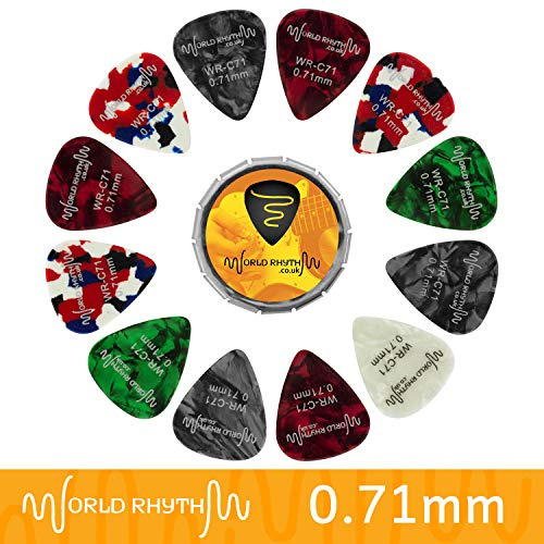 World Rhythm 0.71mm Gitarrenpicks - 12 Zelluloid Gitarrenplektren & Aufbewahrungsdose - Auswahl an Farben/Designs | 12 Zelluloid Gitarrenplektren & Aufbewahrungsdose - Auswahl an Farben/Designs
