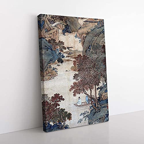 Big Box Art Fishing Under Gum Trees by Qiu Ying Painting Canvas Wall Art Print Ready to Hang Picture, 76 x 50 cm (30 x 20 Inch), Grey, Brown, Grey, Black