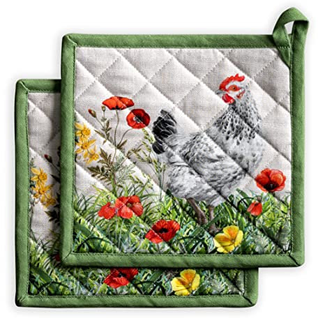 Maison d' Hermine Pot Holders set 100% Cotton Heat Resistant Potholders 20 cm x 20 cm Hot Pads with Loop BBQ, Cooking, Baking, Grilling, Handling Hot Pans Spring/Summer (Pack of 2, Basse Cour)