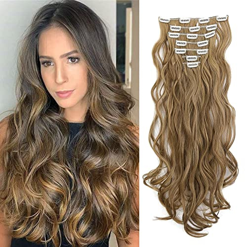 Gairyan Clip in Extensions Haarverlängerung 7 Teile Synthetik Haarteile Hair Extensions Klips 50cm Lockige Gewellt Lang Kunsthaar für Damen (Hellblond & Eschenbraun)