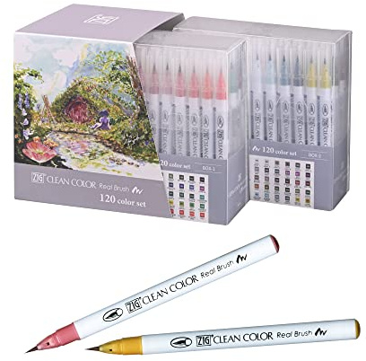 Kuretake Zig Clean Color Real Brush 120 colors set, Brush tip marker pens, for Professional and Artist, coloring, drawing, calligraphy, lettering, Made in Japan