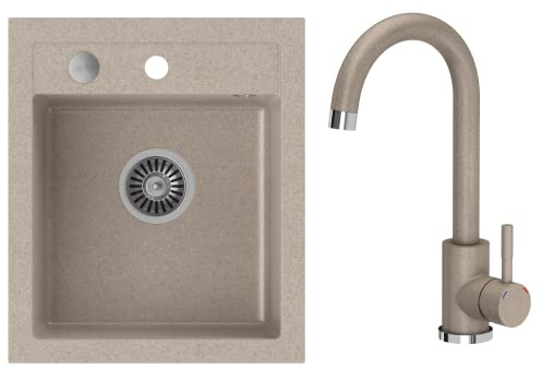 VBChome Spülbecken mit Armatur 43 x 50 cm Beige Granit Einzelbecken Einbauspüle gesprenkelt reversibel Verbundspüle + Siphon Waschbecken