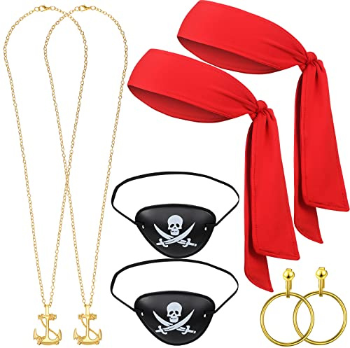 Boyiee 2 Sets 8 Stück Piraten Kostüm Zubehör für Halloween Party 2 Augenklappen 2 Bandanas 2 Halsketten 2 Paar Goldene Ohrringe Captain Rollenspiel Accessoires Piraten Cosplay für Frauen Herren
