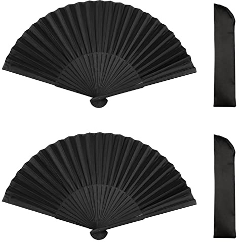 milaosk 2Pcs Handfächer Schwarz Fächer Seide Handfächer Fächer Klein | Handheld Faltventilator Fächer Damen Herren Bambus Fächer Aufbewahrungstaschen für Fächer Rave, Tanz, Hochzeit Geschenke
