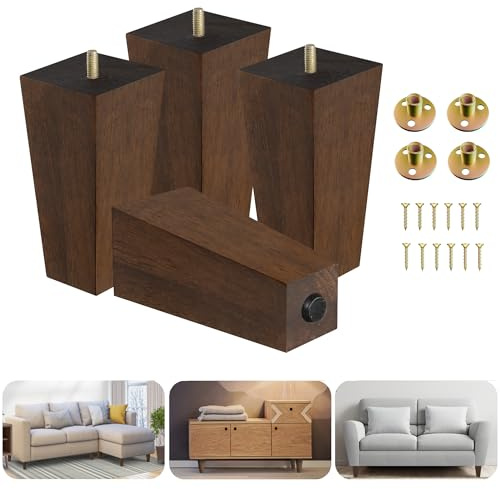 Yes4All 6 Inches Square Wood Furniture Legs Set of 4 - Wooden Replacement Feet for Couch, Bed, Bench - Adjustable Sofa, Ottomans Tapered Leg with Leveler - Brown Rubber Wood Parts for Table, Chair