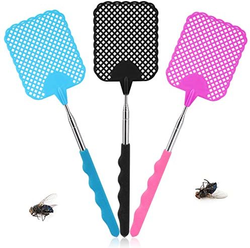 TAKUZA Fliegenklatsche Ausziehbar 3 Stück Stabil für Mücken & Fliegen | Mückenklatsche aus Aluminium & Kunststoff. 3er Set (Schwarz, Blau, Rosa) mit Teleskopstange. Zuverlässiger Fly Swatter