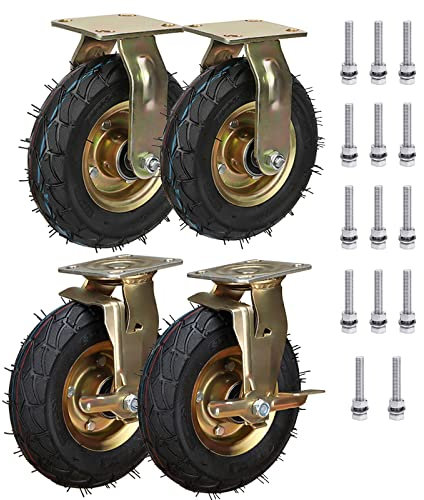 WORDFUN 4 Stück Luftreifen Gummi Bockrolle, Industrierollen Schwerlast, Rollen Für Möbel Mit Seitenbremse, Ø 200mm 250mm Tragkraft 400 Kg, Leise Rollen Mit Schrauben, Für Trolley/Werkzeugwagen