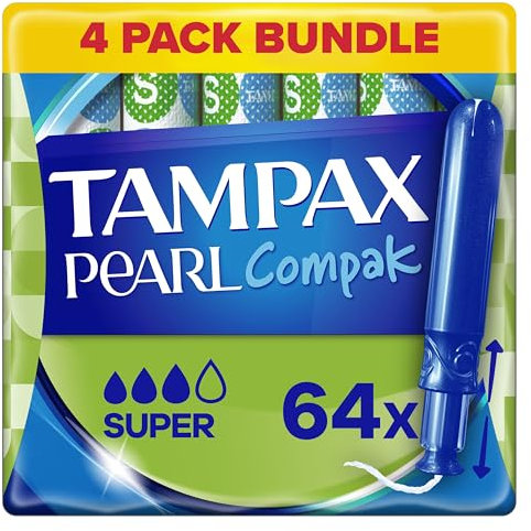 Tampax Compak Pearl Tampons, Super with Applicator, 64 Tampons (16 x 4 Packs), Leak Protection and Discretion