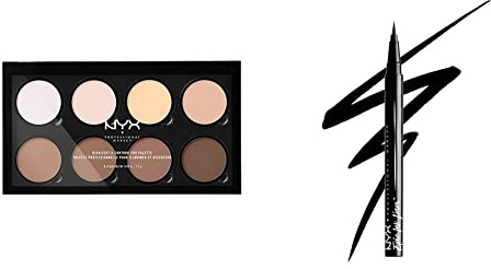 NYX Professional Makeup Highlight & Contour Pro Palette, Contouring Kit in polvere, Otto tonalità matte e perlescenti & Epic Ink Eye Liner, pennellino pigmentato e waterproof, Black