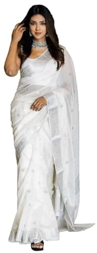 SIRIL Damen Jacquard Baumwolle Seide Sari mit ungenähter Bluse, Weiß / Silberfarben, Einheitsgröße
