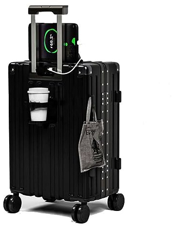 LANMOU Valise Grande Taille, Valise Trolley Bagages À Coque Dure en ABS Léger avec Porte-gobelet, Crochet, Port de Charge USB (Noir, 22 Pouces)
