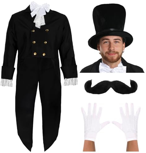 Posh Viktorianischer Mann Kostüm - Klein - Schwarze viktorianische Jacke, weiße Krawatte, Plüsch Zylinder (60 cm Kopfgröße), weiße Handschuhe und Schnurrbart - Historisches viktorianisches