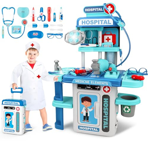 deAO 2 in 1 Kids Doctor Playset, Pretend Medical Station, Hospital Carrycase Play Set with Medical Instruments Stethoscope Lights, Educational Role Play Toys for 3+ Kids Christmas Birthday Gifts(Blue)