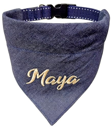 Hundehalstuch mit Hundehalsband Verstellbar mit Namen bestickt Schotten Karo 6 Farben dog bandana (Jeans)