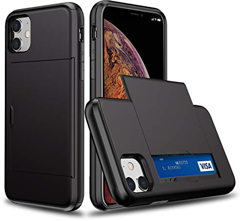 XYZNTMF for iPhone 11 Case iPhone 11 Shockproof Case with Card Holder Soft Silicone Bumper Matte Hard PC Shell Heavy Duty Protective Skin Cover Armor Rubber iPhone 11 Phone Case, Black