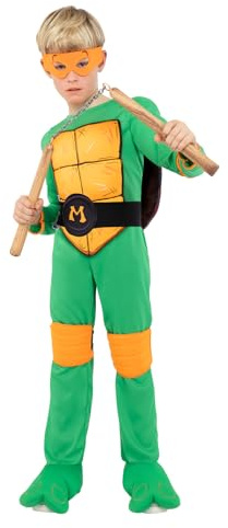 Funidelia Déguisement Officiel de Michelangelo Tortues Ninja pour Garçon et Fille avec combinaison, carapace et masque, Tenue de Ninja Enfant, Déguisements de Carnaval et Halloween – Taille 5-6 ans