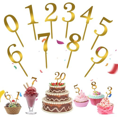 10 Stück Nummer Cake Topper Zahlen,0-9 Gold Kuchen Dekoration Geburtstag,Kuchenstecker Cupcake,Acryl Tortendeko Wiederverwendbar,Tortenaufsatz für Geburtstagsfeiern Jeden Alters Hochzeitsparty