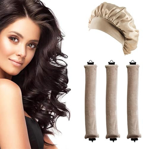 JINJUMEI 3 Bigodini Senza Calore e Cuffia Seta Notte, Bacchette Flessibili con Ganci e Clip, Cuffia Seta Capelli Ricci, Ricci Senza Calore Durante la Notte per Capelli Lunghi