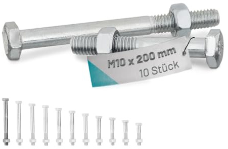 VOOXA 10St DIN931 Sechskantschrauben A2 M10x200mm+DIN934 Sechskantmutter | DIN 931 Sechskantschrauben mit Schaft Teilgewinde mit DIN 934 Mutter | für U/H-Pfostenträger | V2A Maschinenschrauben