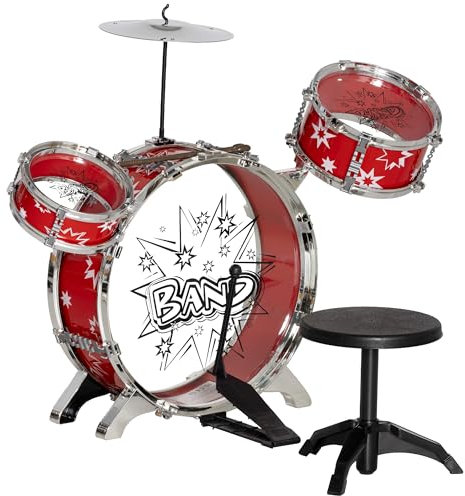 AIYAPLAY Batteria per Bambini a 7 Pezzi 3-6 Anni, Gioco Musicale con Sgabello e Bacchette in Plastica e Metallo, 72x29x56 cm, Rosso