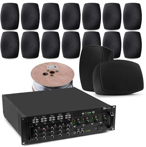 Power Dynamics 4 Zone Audio Matrix System with 16x BHW60BK 6.5 Wall Speakers, Commercial Sound Setup for Indoor & Outdoor Use, Multi Zone PA Control, Background Music, Bluetooth