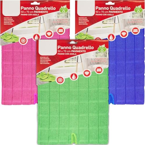 Sicignano | Panno Quadrello 100% Microfibra, Extra Pulente, Resistente, Senza Aloni, Multiuso, Per Tutte le Superfici, Lavabile e Riutilizzabile, Colori Assortiti (3, 50x70, con asola)