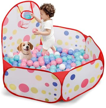 ZimiTeda Punto Rojo Piscina de Bolas para niños pequeños con aro de Baloncesto Plegable Pop-up Piscina de Bolas Bebe niñas niños Juego Interior Exterior Piscina para Perros Pelotas NO Incluidas
