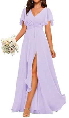 ZM228 Vestido de dama de honor de gasa con manga flotante con hendidura, Lila., 44