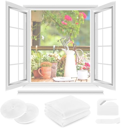 Fliegengitter Fenster ohne Bohren,DIY 210x250cm,2 Stück,Kann auf die Gewünschte Größe Zugeschnitten werden,Verdicktes Netz,Insektenschutz Fenster mit Klettband+Zuschneider+Presshilfe,Weiß