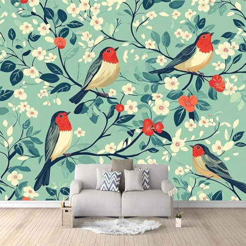 Papel Pintado Panorámico Flores Pájaros Azul Verde 500x280 cm Fotomurales No Tejido, Murales Decoración Póster Pared Personalizado 3D Para Salón Dormitorio