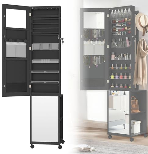 ACXIN Smyckesskåp med LED-belysning och spegel | 3-i-1-funktion spegelskåp | smyckesförvaring med hjul och hyllor | 36 x 40 x 170 cm | låsbar smyckeslåda | svart