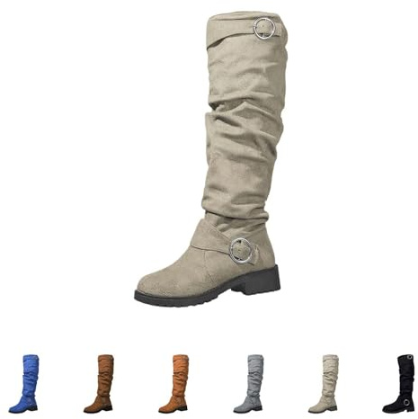 Cowboystövlar dam hög mocka – knähöga stövlar dam platå västerländska stövlar med spänne lång skaft slip-stövlar retro ridstövlar blockklack profilsula vinterstövlar, Beige, 41 EU
