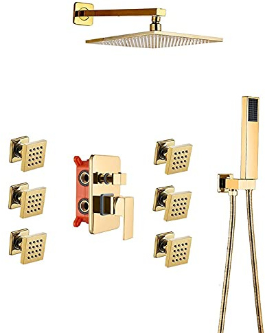 Système de douche doré – Ensemble combiné de robinet à poignée unique dissimulé avec pulvérisateur à main et pommeau de douche à effet pluie – Pulvérisation corporelle de 5,1 cm pour baignoire et