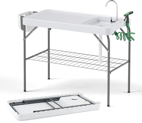 GOPLUS Table de Camping Pliante avec Robinet, Table Nettoyage Filetage Poissons Portable avec Etagère à Grille, Rainures Couteaux, Règle, Poubelle, pour Pique-Nique,Charge 40KG (107,5x57,5x86,5CM)