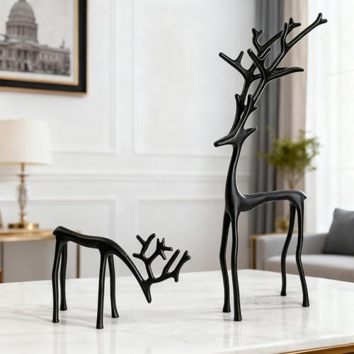 Generisch Weihnachtsdekoration 2025 – Set mit 2 schwarzen Rentierfiguren – Moderne Weihnachtsfiguren – Elegante Weihnachtsdekoration für den Innenbereich – Tischdekoration – Ideen für Kaminsims (A+B)