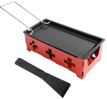 FUANA Tragbares Candlelight Käse Raclette Set mit Holzgriff, Antihaft-Backblech aus Karbonstahl für den Außen- und Innenbereich, Rot, 18,5 x 6 x 9 cm