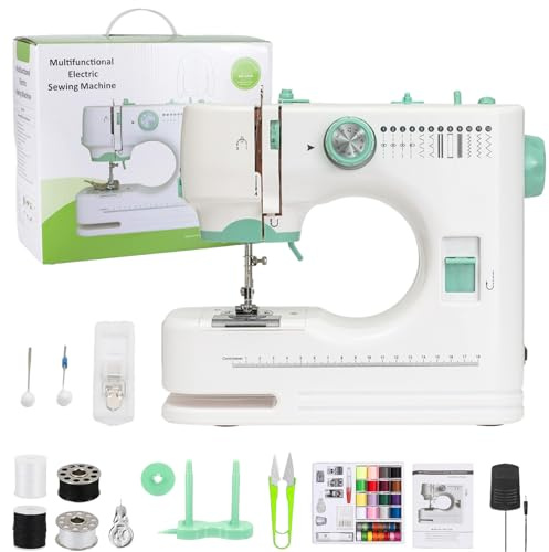 Máquina de coser para principiantes – Portátil eléctrica con luz LED, 12 patrones de puntada integrados, 6 prensatelas, pedal de pie de alta velocidad y baja máquina de coser con kit de costura para