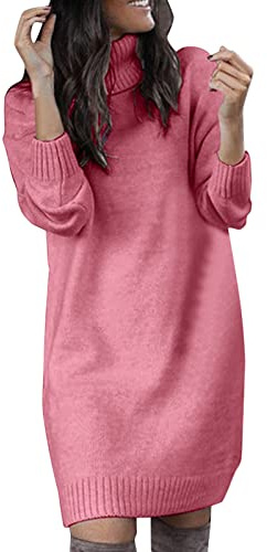 Vestidos de jersey para mujer, cuello alto, línea A, sueltos, de punto, sin botones, rosa, XXL