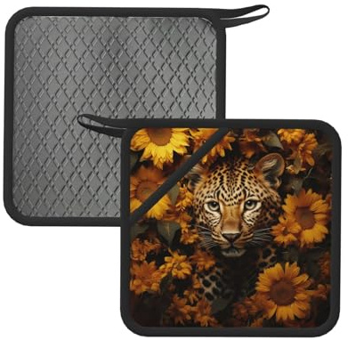 Set di 2 presine in silicone resistenti al calore, con tasche, motivo leopardato e girasole, presine antiscivolo per cucina, barbecue, accessori da cucina, 20 x 20 cm