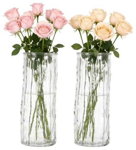 Vases, Set of 2 Glass Flower Vase, Tall Crystal Flower Vase, Decorative Modern Clear Vase for Centerpiece, for Centerpieces Living Room, Entryway, Bedroom, Wedding, Office