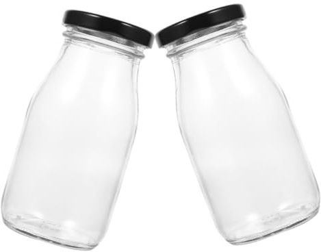 FONDOTIN Botellas de Vidrio para Leche y Jugo 200 Ml con Tapa Metálica Hermética, Reutilizables, Transparentes, para Yogur y Bebidas Naturales en Cocina, Paquete de 2 Unidades